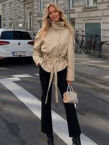 Women Fashion Solid Stand Collar With Belt Jacket Casual Loose Double Breasted Coat - Camel - View 2