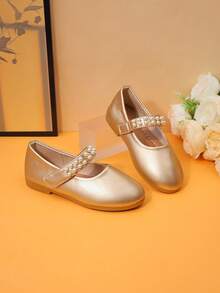 1 Pair Gold Girls' Pearl Strap Mary Jane Flat Shoes, Round Toe Formal Shoes, Children Flower Girl Princess Shoes, Suitable For Wedding Party Performance - Gold - View 1
