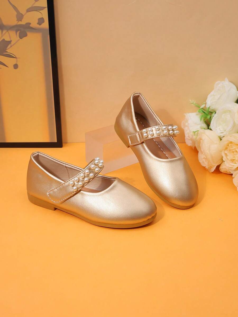 1 Pair Gold Girls' Pearl Strap Mary Jane Flat Shoes, Round Toe Formal Shoes, Children Flower Girl Princess Shoes, Suitable For Wedding Party Performance - Gold - View 1