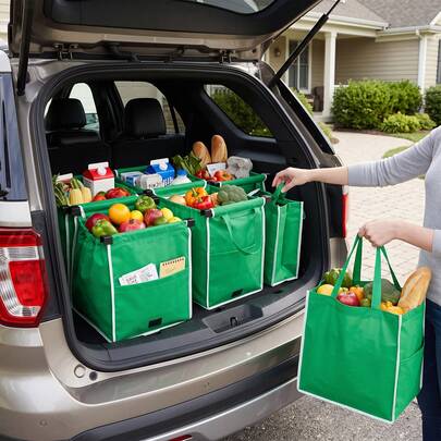 4 Pack Grocery Shopping Cart Bags With Handles, Reusable Collapsible Trolley Bags, Grab And Go Foldable Tote Bags For Supermarket Shopping, Portable Cart Organizer Storage Bags