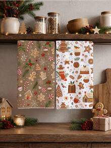 2pcs Christmas Gingerbread Man Cake Pattern Kitchen Towels, Soft Polyester Dish Cloths, Suitable For Kitchen Decor, Kitchen Cleaning, Holiday Party Decoration, Kitchen Bathroom Supplies Home Essentials, Home Decor, Housewarming Gift - Multicolor - View 2