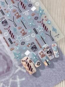 1pc 5D Full Nail Sticker Embossed Vintage Collegiate Style Bear Denim Star Bow Tie Zipper Badge Pattern Waterproof Self-Adhesive Nail Art Sticker Suitable For Back To School Season Daily Party DIY Manicure - Multicolor - View 4