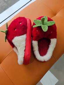 Don't Miss It! Price Rising Soon! Women Warm Non-Slip 3D Strawberry Pattern Closed-Toe House Slippers, Cute Winter Red Fur Plush Indoor Home Slides - Red - View 5