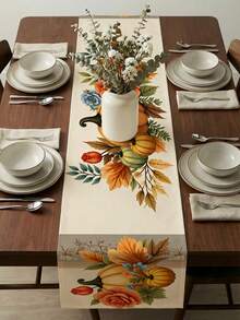 1 Pc Fall Floral Pumpkin Rose Maple Leaf Table Runner Washable Suitable For Outdoor Indoor Party Kitchen Home Dining Table Center Can Be Used For Living Room Rectangular Dining Table Restaurant Decoration - Beige - View 4