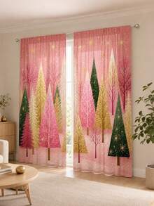 2 piezas de cortinas decorativas con tema navideño, patrón de árbol de Navidad rosa, adecuadas para decoración del hogar, decoración de ventanas, decoración de ambiente navideño para el hogar - Multicolor - Ver 3