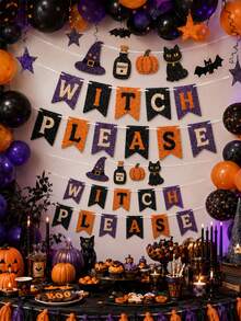 1 Set Halloween Felt Banner Set, Halloween Letter Garland With Vampire, Owl, Pumpkin, Black Cat, Ghost And Circus Pennants, Vintage Gothic Single-Layer Felt Banner With White Ribbon For Party Backdrop Wall Decor - B - View 6