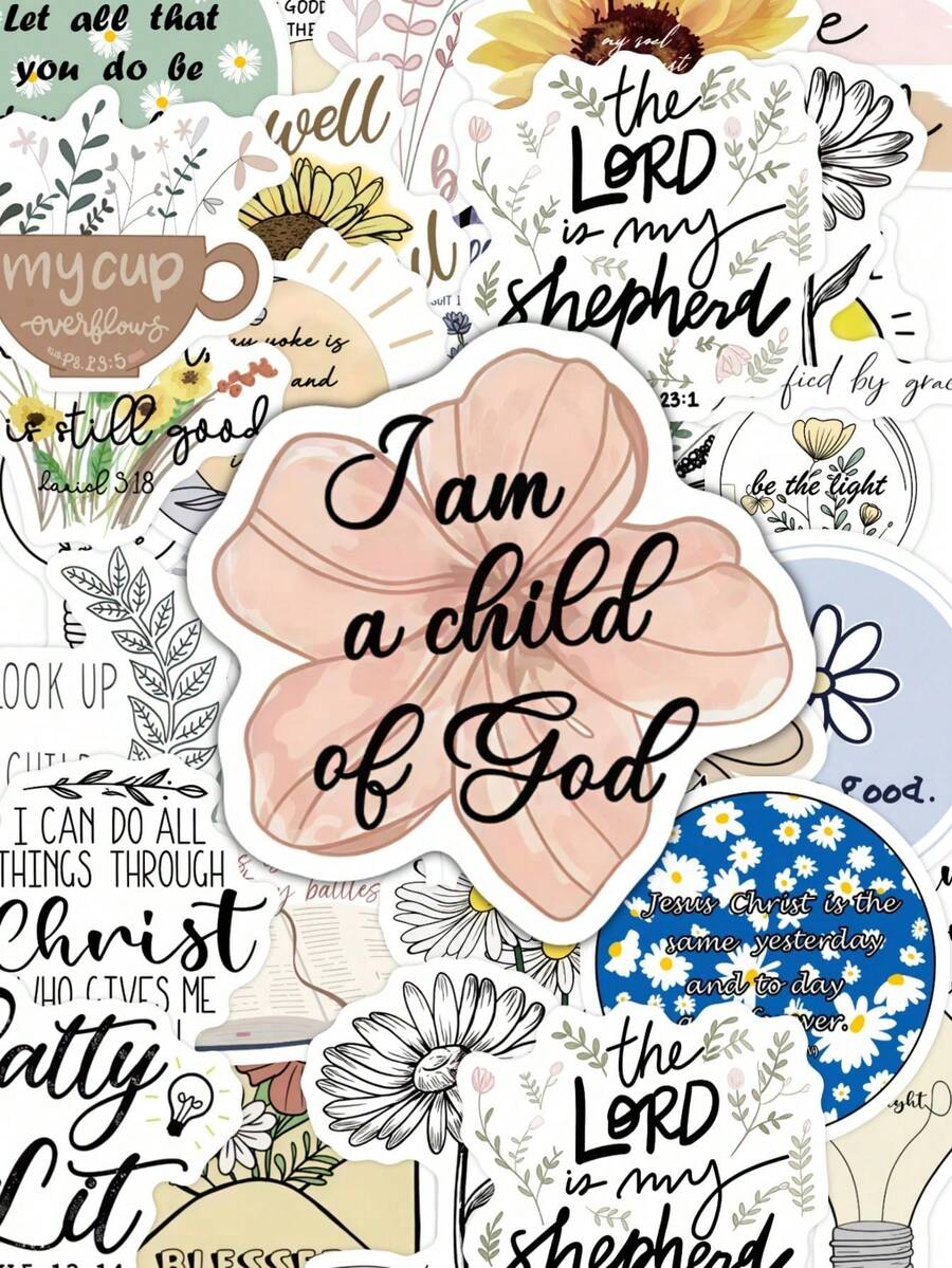 50 Buah Stiker Ayat Alkitab Kristen, Stiker Kutipan Iman Inspiratif Motif Bunga Boho untuk Junk Journal, Botol Minum, Laptop & Planner, Dekorasi DIY, Kembali ke Sekolah - MultiWarna - View 1