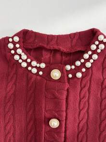 Girls' Spring/Autumn/Winter Christmas Red Sweater Set, Fashionable Beaded Decor Pearl Button Cardigan Sweater + Solid Color Pleated Skirt 2 Pieces Set - Red - View 7