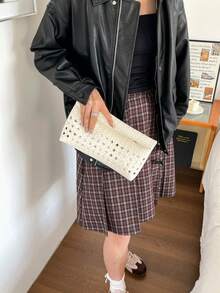 純色 PU 皮革輕量大容量翻蓋磁扣小方包，多功能派對與晚餐包，適合女性 - 白色 - 查看 8