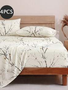 4-Piece Beige Plum Blossom Floral Pattern Bedding Set, Easy Care Soft Bedding Kit, Floral Fitted Sheet Set (1 Flat Sheet + 1 Fitted Sheet + 2 Pillowcases), Deep Pocket Fits Up To 11.8 Inches, Soft And Breathable, Back To School Dorm Bedding Set - Multicolor - View 2