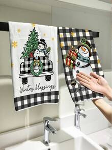 1pc/2pcs Snowman Black & White Plaid Bow Design Kitchen Towel, Christmas Daily Tea Towel, Christmas Baking Dish Cloth Home Decor - Multicolor - View 9