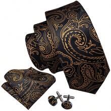 Paisely Gold Necktie Pocket Square Cufflinks 3pcs Kit For Luxury Night & High End Hotel Gala Banquet - Black - View 3