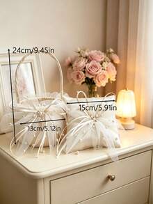 Wedding Flower Basket Ring Pillow, Large Ring Pillow - Wedding Lace Flower Basket Lace Pearl Ivory Ring Tray Wedding Party - View 10