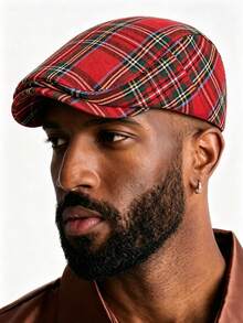 1pc Vintage Red Plaid Beret Hat For Men, British Newsboy Cap, Retro Casual Flat Cap - Red - View 3