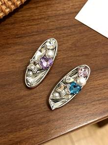 2pcs/Set Luxury Sparkling Colorful Rhinestone & Pearl Edge Hair Clips, Silver Metal Star & Heart Rhinestone Hair Clips, Women's Wedding Party Atmosphere Side Hair Accessories - Multicolor - View 6