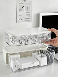 1pc Single/Double Layer Transparent Desktop Cable Organizer Box With Dust-Proof Lid, Compartment Storage Box For Charging Cables, Chargers, Power Cords, Earphones, Power Banks, Batteries, Home Office Dorm Desktop Storage - White - View 9