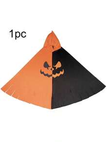 1pc Black & Orange Colorblock Hooded Cape With Pumpkin Print, Halloween Party Theme, Suitable For Carnival And Various Cosplay Props - Multicolor - View 2