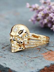 1Pc Halloween Men's Skull‑Shaped Cubic Zirconia Openwork Ring, Cool Ornament For Daily Wear Holiday Party, No Box. - Gold - View 2