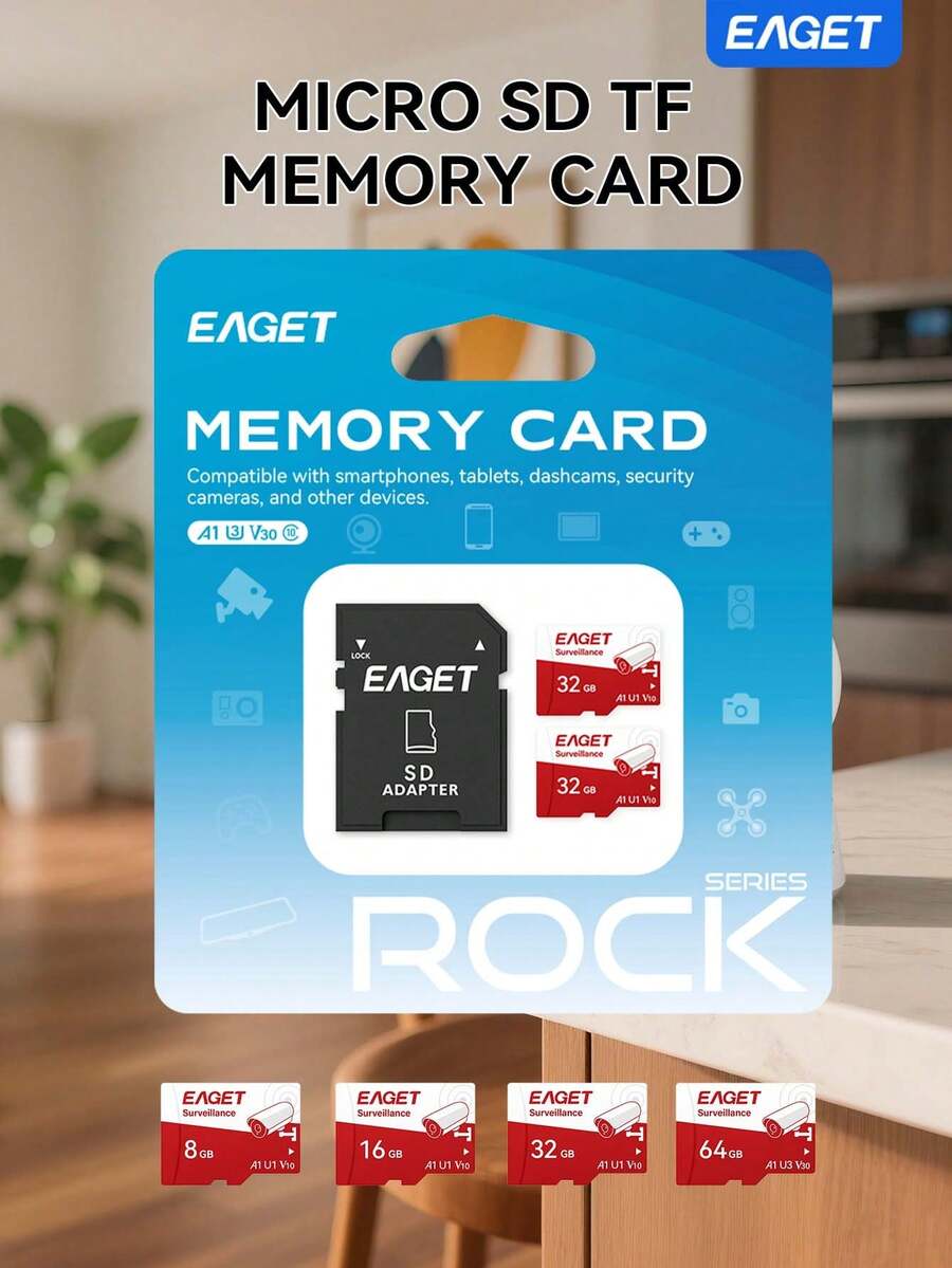 EAGET High Stability TF Memory Card For Security Camera, A1 U3 V30 Surveillance Micro SD Card With SD Adapter Indoor Outdoor Use