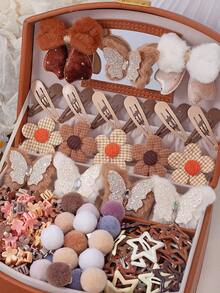 823pcs Milk Coffee Vintage Academy Style Plush Hair Accessories Set, Suitable For Girls. Plush Rhinestone Bows, Pom Poms, Plaid Flowers, Glitter Plush Butterfly Hair Clips, Water Drop Bangs Clips, Mini Claw Clips And Multiple Basic High Elastic Hair Ties. Can Be Used For Daily/Party/Outing - Multicolor - View 4