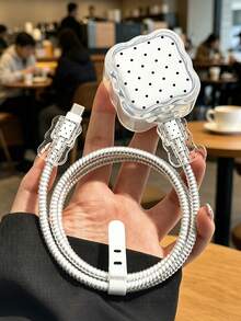 White Polka Dot Wave Edge Charger Cover Full Set Cable Protector Compatible With Iphone 40W Charging Head Data Cable Anti-Break Sleeve - Multicolor - View 2