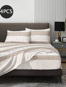 4pcs Beige Bohemian Striped Bedding Set, Easy Care Soft Bedding Set (1 Flat Sheet + 1 Fitted Sheet + 2 Pillowcases), Suitable For King/Queen/Full/TWIN Sizes, Fitted Sheet Fits Up To 11.8 Inch Mattress, Soft Breathable Wrinkle-Resistant, Back To School Dorm Bedding - Multicolor - View 2