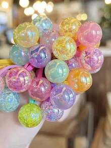 12pcs Candy Color Round Ball Elastic Hair Ties With Glitter Iridescent Beads, Colorful Candy Bead Ponytail Hair Ropes, Sweet Daily School Hair Accessories, Birthday, Holiday Party Gift - Multicolor - View 3