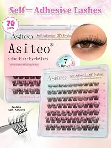 Asiteo 70pcs Cluster Self-Adhesive False Eyelashes, Natural Look, Pre-Glued, DIY Eyelash Extensions, No Glue Needed To Wear, Suitable For Daily Use, Eyelash Clusters, Single False Eyelashes - D - View 1
