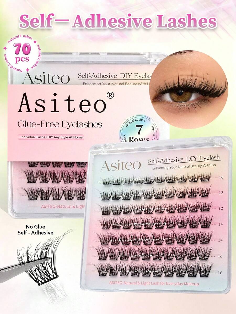 Asiteo 70pcs Cluster Self-Adhesive False Eyelashes, Natural Look, Pre-Glued, DIY Eyelash Extensions, No Glue Needed To Wear, Suitable For Daily Use, Eyelash Clusters, Single False Eyelashes - D - View 1