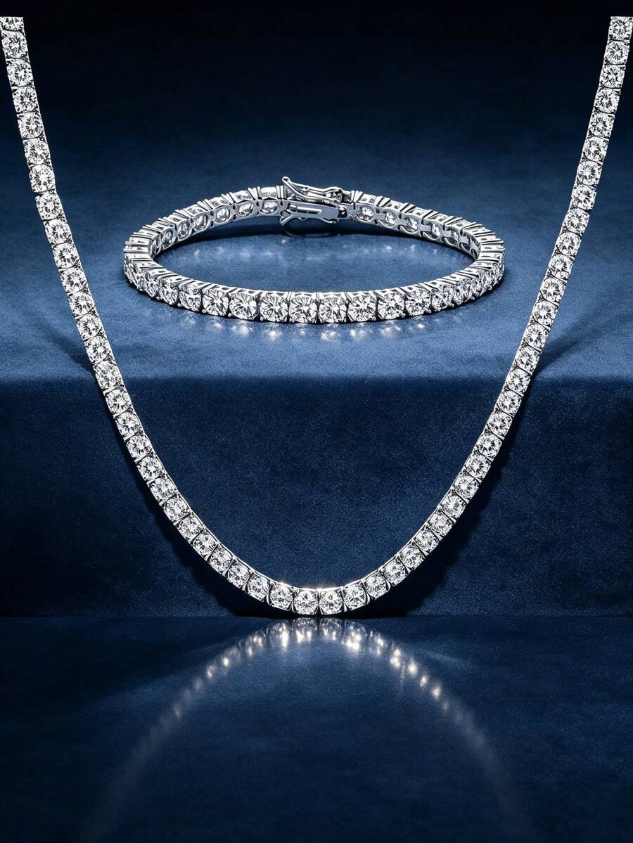 2pcs/Set 18K White Gold Plated CZ Jewelry Set, 5mm Four-Prong Necklace (16/18/20 Inch) & 8 Inch Bracelet, Unisex Daily Wear, Birthday, Christmas, New Year