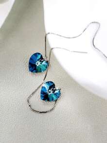 1 Pair S925 Sterling Silver Minimalist Luxury Cool Tone Ins Blue Heart Long Earline French Fashion Gentle Atmosphere Elegant Niche Design Ocean Heart Tassel Heart-Shaped Women's Earrings Fresh Elegant Personality High-End Party Versatile Accessory Gift - Love - View 5