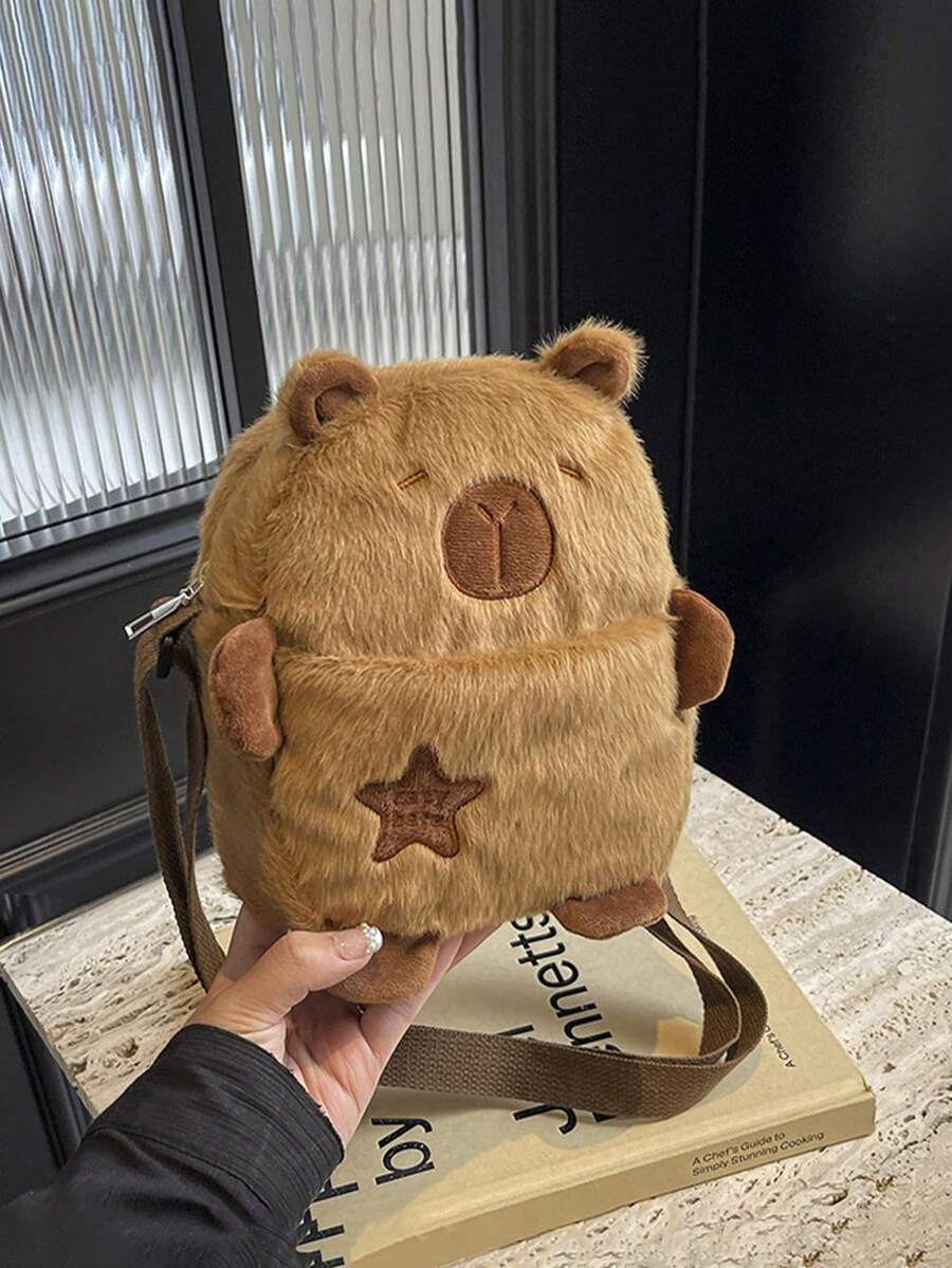 XD Cute Capybara Plush Children's Crossbody Bag, Lightweight Daily Commute Shoulder Bag, With Adjustable Strap, Zipper Closure And Polyester Lining, Cartoon Capybara Bag - Coffee Color Suitable For Valentine's Day/Halloween Kids Gift
