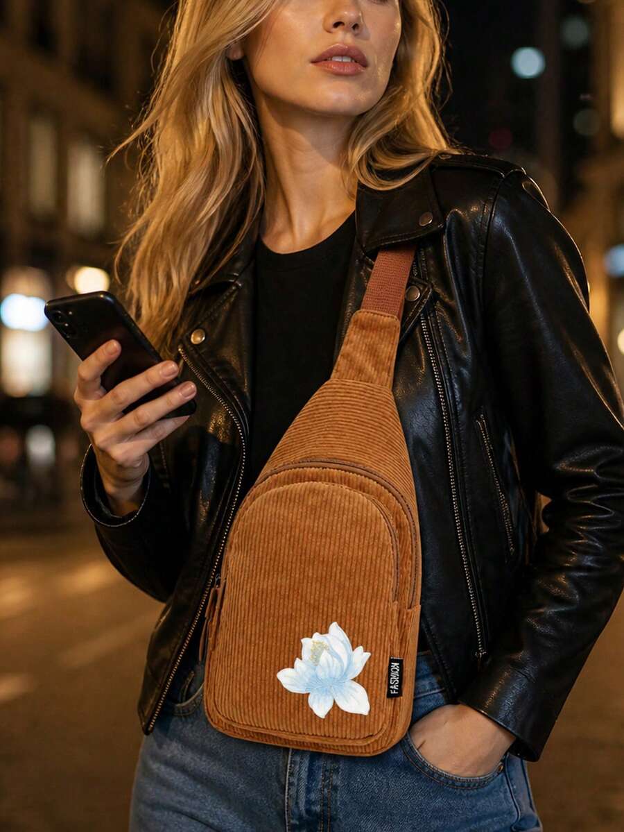 Embroidered Lotus Pattern Crossbody Bag, Unique Printed Corduroy Crossbody Bag, Adjustable Shoulder Strap, Perfect For School, Travel And Leisure - Multicolor - View 1