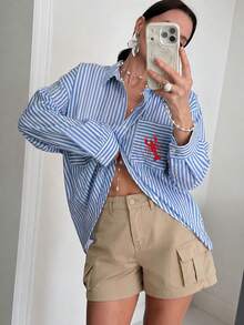 Women's Spring/Autumn Fashion Casual Street Style Loose Fit Y2K Colorblock Striped Lobster Print Round Neck Long Sleeve Top, Suitable For Brunch And Outings - Blue - View 5