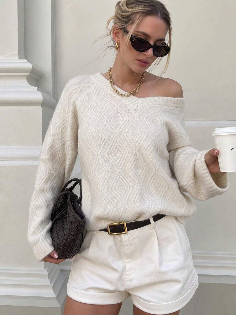 Off-White Diamond Cable Knit Asymmetrical Cold Shoulder Drop Shoulder Loose Long Sleeve Sweater For Women, French Gentle Pure Desire Style, Suitable For Spring/Autumn Dating, Store Visiting, Casual Outfits - Beige - View 1