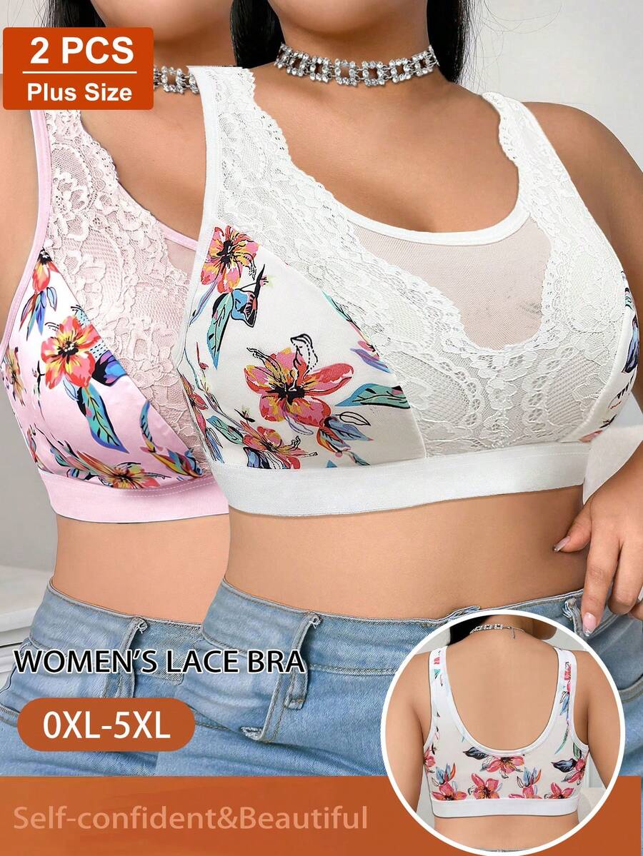 2pcs/Set Women Plus Size Casual Comfortable Minimalist Style Bra, Printed Design With Lace Patchwork, Wire-Free Soft Comfortable Lingerie - Multicolor - View 1