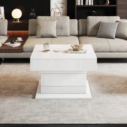 Geometric Coffee Table 70*70*45 Cm, 360° Rotating Tabletop, Lift-Top Coffee Table With 1 Drawer, High-Gloss Living Room Table With Hidden Storage, Sofa Table, Side Table, White - White - View 1
