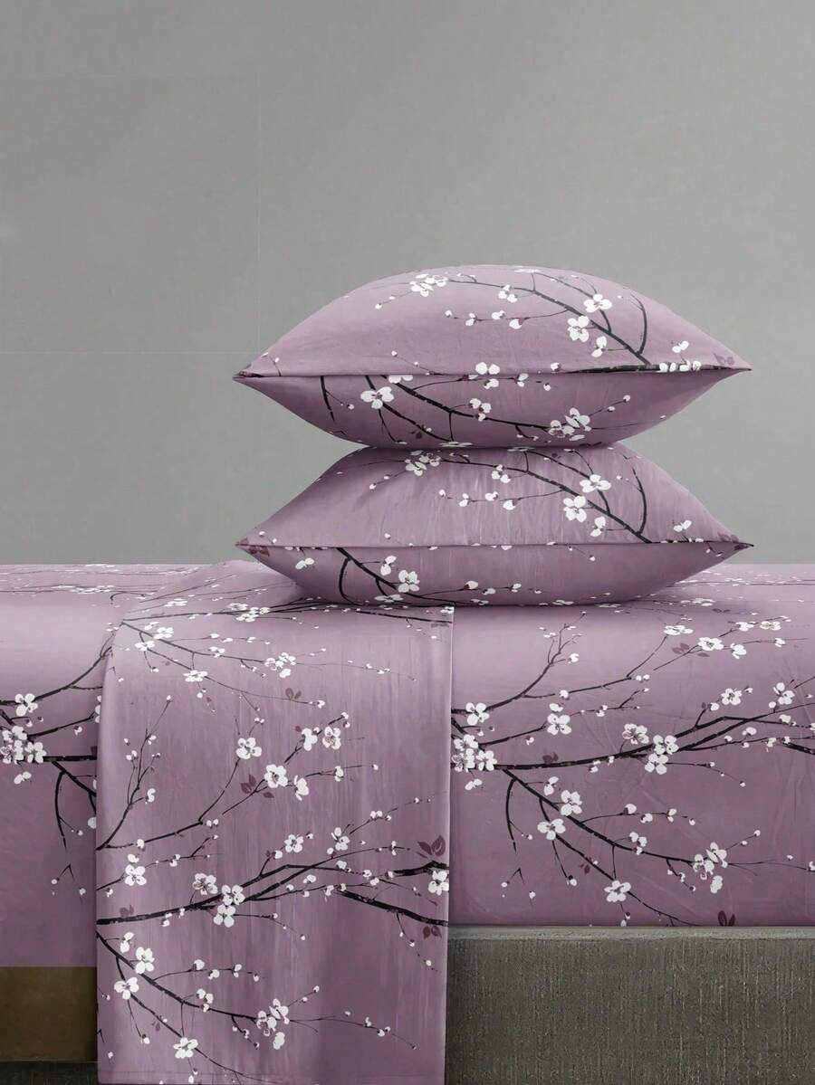 4-Piece Purple & Gray Triangle Patchwork Bed Sheet Set, Easy Care Soft Bedding Set (1 Flat Sheet + 1 Fitted Sheet + 2 Pillowcases), Knitted Bed Sheet Set Suitable For King/Queen/Full/Twin Sizes, Fits 11.8-Inch Deep Mattress, Soft Breathable Wrinkle-Resistant, Geometric Print Bedding - Purple - View 1