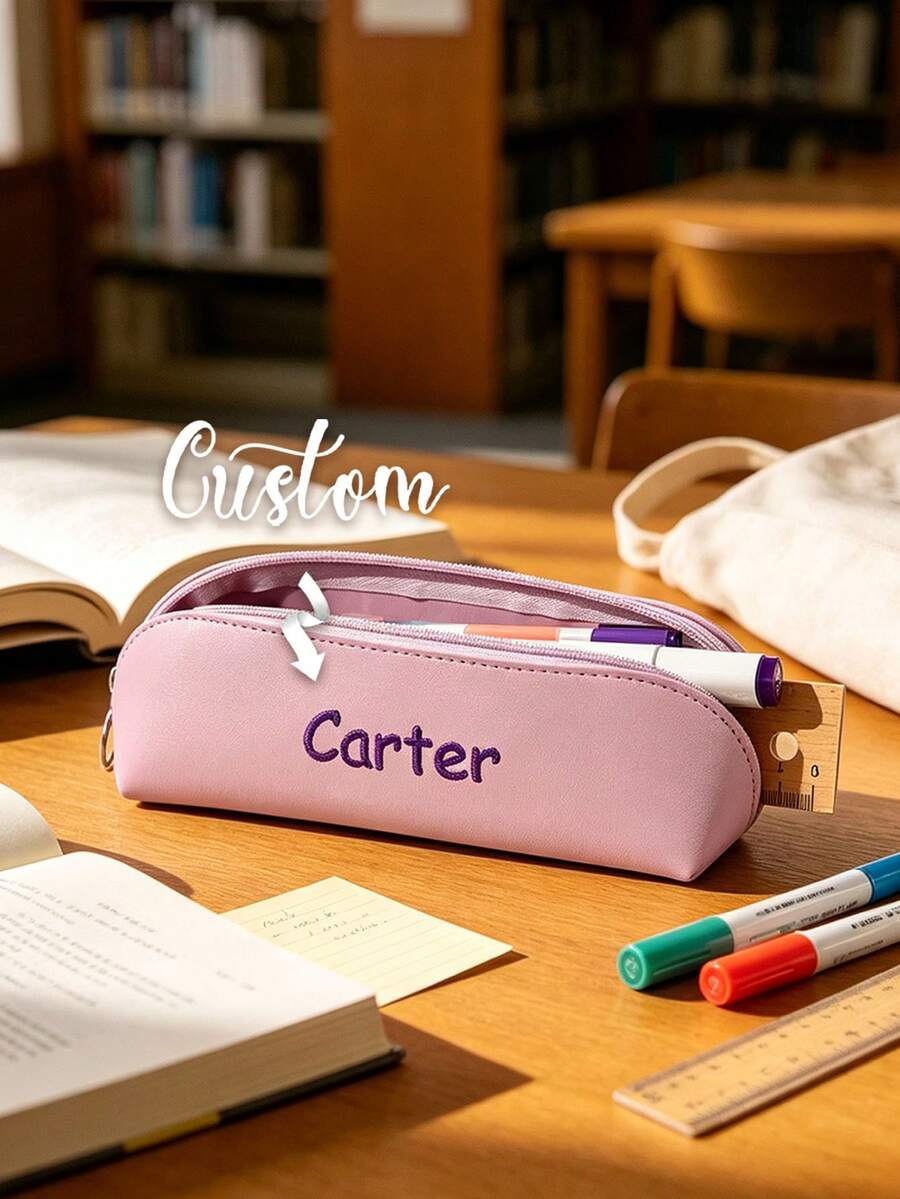 Personalized Pencil Case, Customized Name PU Zipper Bag, Customized Text Minimalist Oxford Fabric Solid Color Pencil Case, Large Capacity Pencil Case, Exquisite Small Back To School Stationery Box, Customizable Logo, 2026 Back To School - Multicolor - View 1
