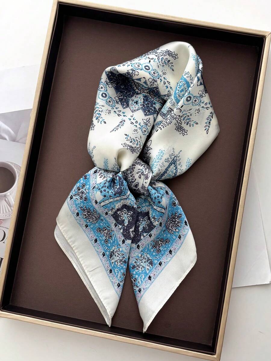 1pc Women's Square Satin Paisley Print Headscarf - Light Blue - View 1
