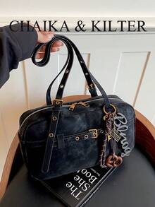CHAIKA & KILTER 1pc Solid Color Suede Fabric Women's Vintage Fashion Matte One Shoulder Bowling Bag, Contrast Quilted Stitching, Dual Handle Design, Zipper Closure, Suitable For Daily And Travel Use (Includes Pendant) - Black - View 6