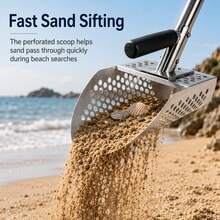 Sand Scoop For Metal Detecting, Beach Sand Sifter With 3-Part Long Handle, 8mm Hex Mesh Holes, Hand Trowel Included For Underwater Treasure Hunting, Coin Recovery & Beach Searching - A - View 3