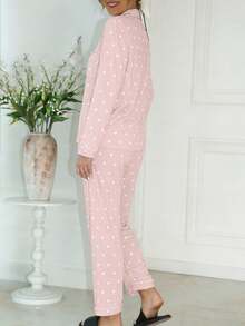 Women's Autumn/Winter Lapel Long Sleeve Long Pants Solid Color Heart Print Pajama Set - Burgundy - View 5