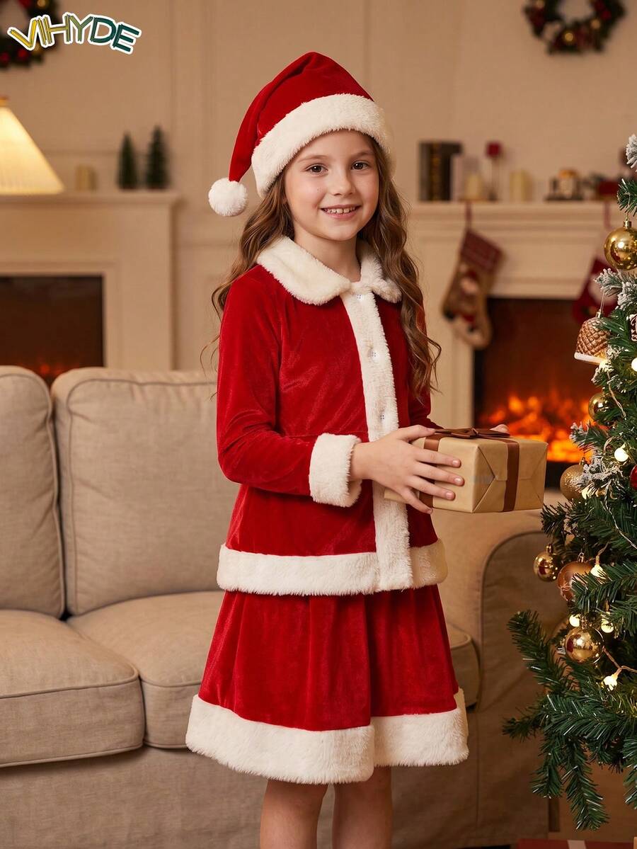 Vihyde Tween Girls Christmas New Arrival Costume 3 Pieces Set, Velvet Top & Skirt With Faux Fur Trim & Plush Santa Hat Outfit - Red - View 1