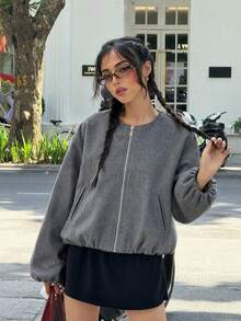 Jaket Wol Pendek Abu-abu Wanita GMFP, Dengan Kantong Resleting, Lengan Panjang, Kerah Bulat, Cocok Untuk Dipakai di Musim Gugur/Musim Dingin. - Grey - View 5