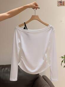 White Asymmetrical Shoulder California American Retro Letter Print Long Sleeve T-Shirt Women's Autumn Side Ruched Slim Fit Flattering 2 In 1 Casual - White - View 2