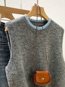Women's Colorblock Trim Cable Knit Vest, Round Neck Sleeveless Pullover Knit Tank Top, Casual Loose Short Layering Top, Autumn/Winter - Grey - View 5