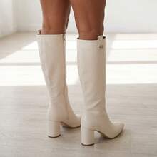 New Fashion Versatile Side Zipper Knee-High Pointed Toe Boots For Women, Outdoor Boots, European And American Style - Beige - View 5
