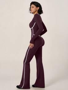 TimeOff Women's 1pc Colorblock White Line Square Neck Built-In Removable Padded Long Sleeve Flare Leg Jumpsuit - Purple - View 5