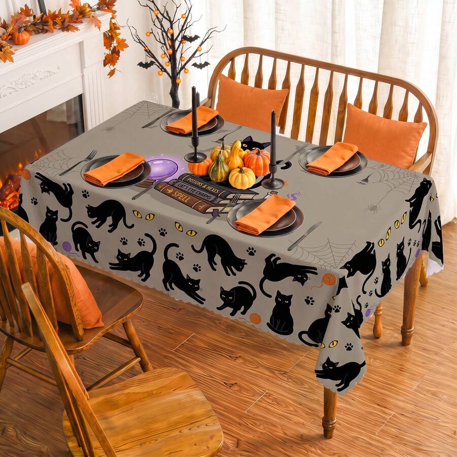 1pc Halloween Black Cat & Spider Web Print Rectangular Tablecloth, Suitable For Holiday, Party, Birthday, Dinner, Restaurant Table Decor, Autumn/Winter Home Decoration - Multicolor - View 1